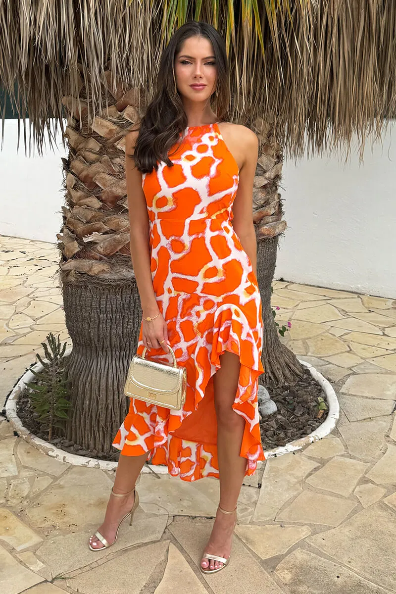 Orange Giraffe Print Racer Neck High Low Frill Hem Midi Dress sold by AX Paris product image thumbnail 2