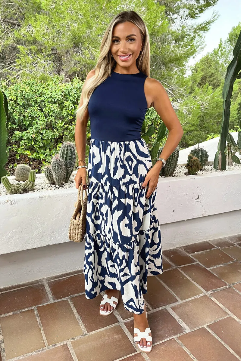 Navy And Cream Abstract Print 2 In 1 Smock Midi Dress sold by AX Paris product image thumbnail 3