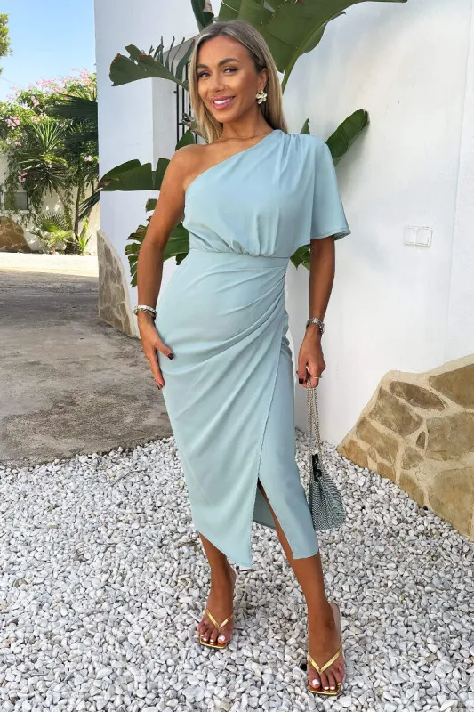 Duck Egg One Shoulder Butterfly Sleeve Wrap Midi Dress sold by AX Paris