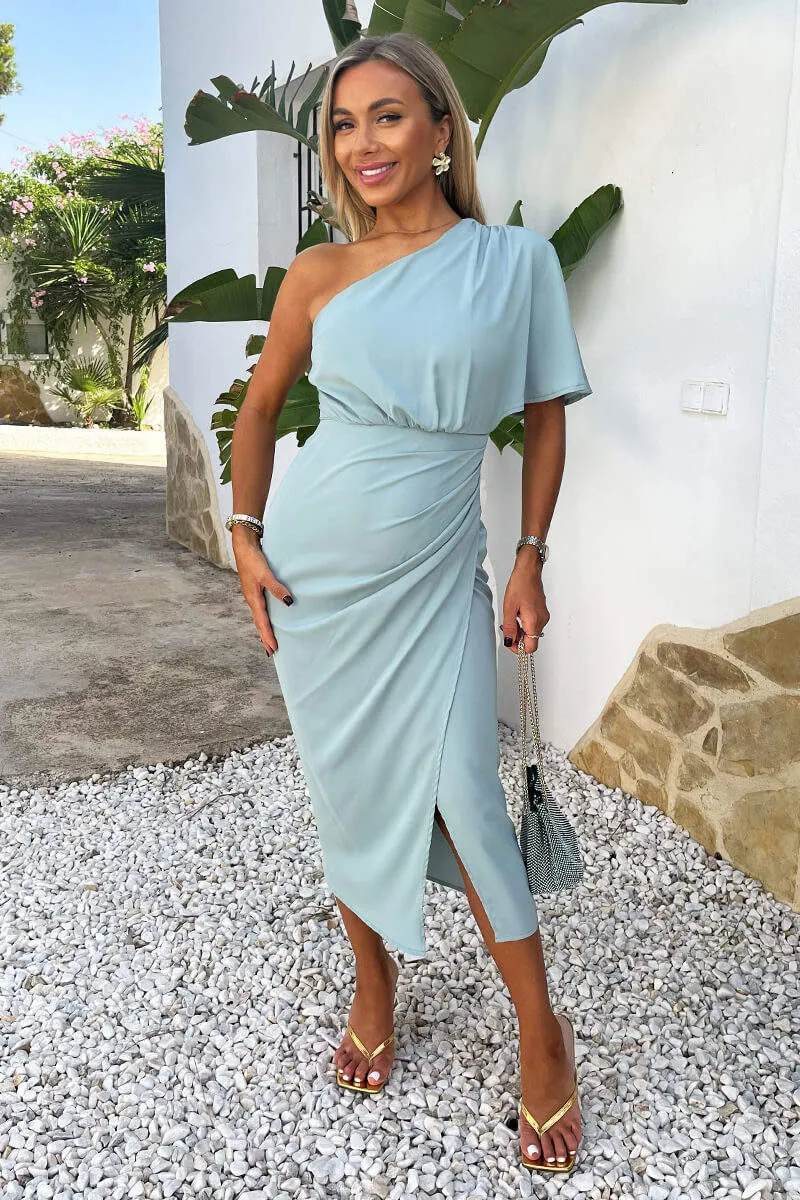 Duck Egg One Shoulder Butterfly Sleeve Wrap Midi Dress sold by AX Paris
