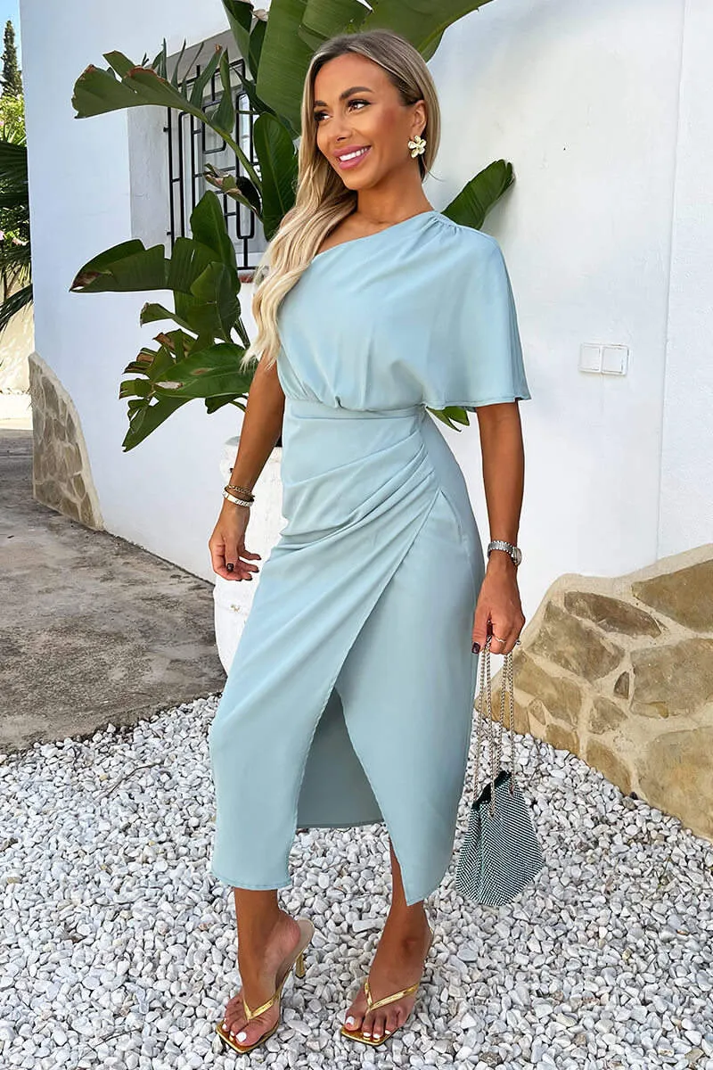 Duck Egg One Shoulder Butterfly Sleeve Wrap Midi Dress sold by AX Paris product image thumbnail 2