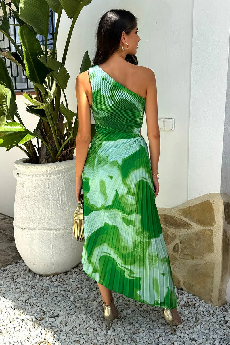 Green Tie Dye Print One Shoulder Cut Out Pleated Midi Dress sold by AX Paris product image thumbnail 5