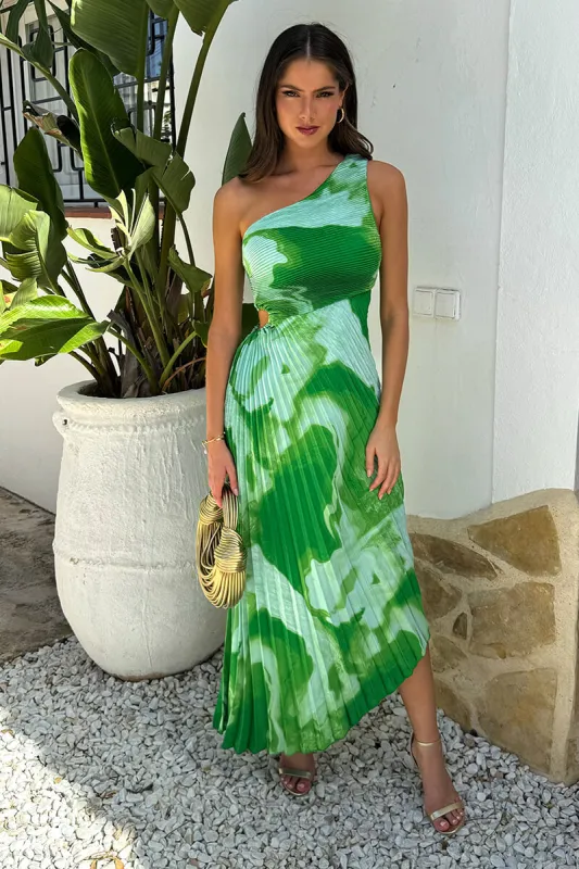 Green Tie Dye Print One Shoulder Cut Out Pleated Midi Dress sold by AX Paris