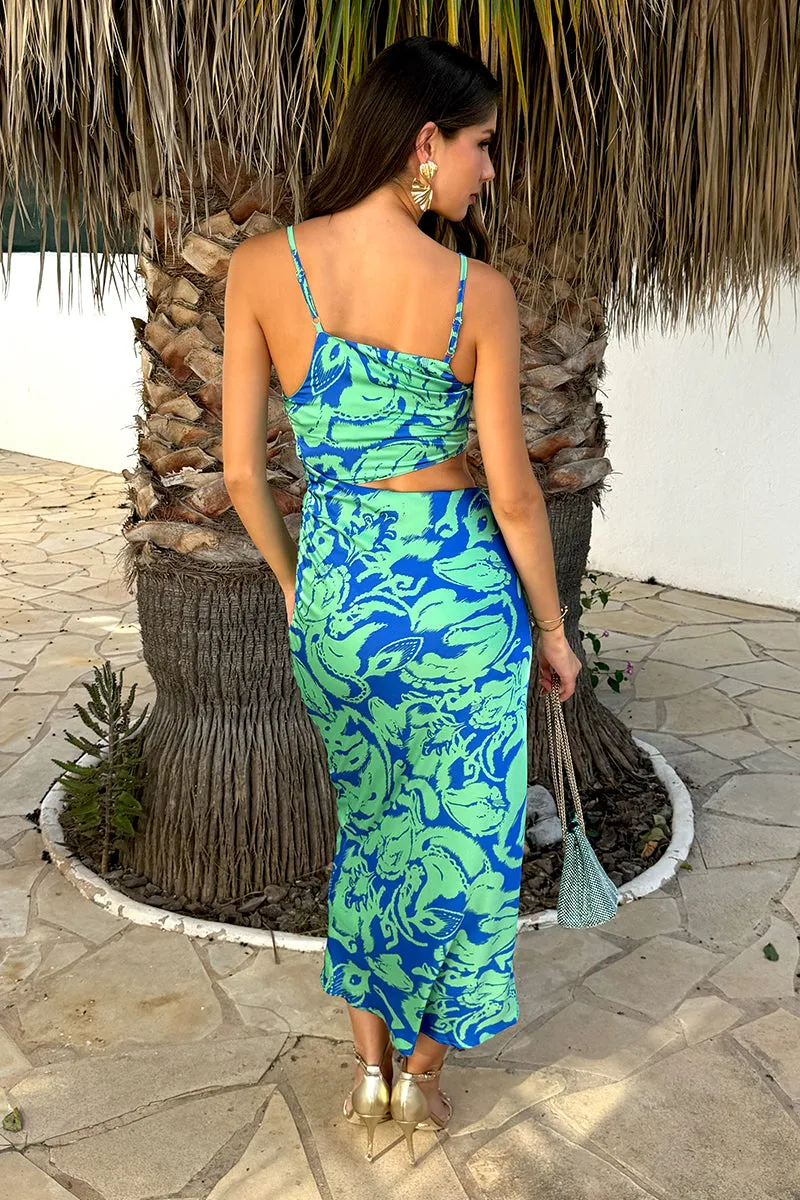 Green And Blue Abstract Printed Asymmetric Cut Out Midi Dress sold by AX Paris product image thumbnail 5