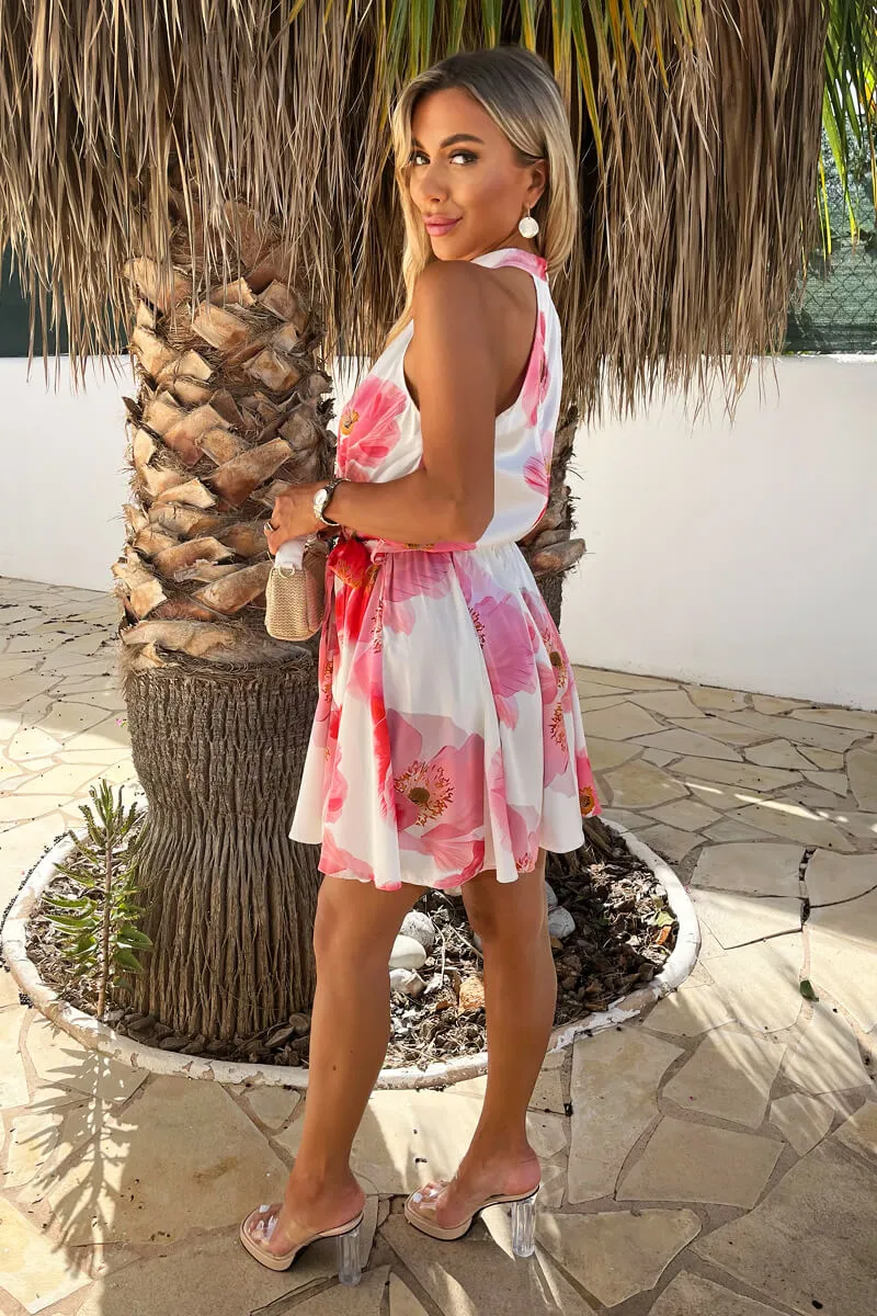Cream And Pink Floral Print Halter Neck Tie Waist Mini Dress sold by AX Paris product image thumbnail 4