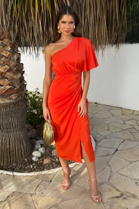 Burnt Orange One Shoulder Butterfly Sleeve Wrap Midi Dress sold by AX Paris