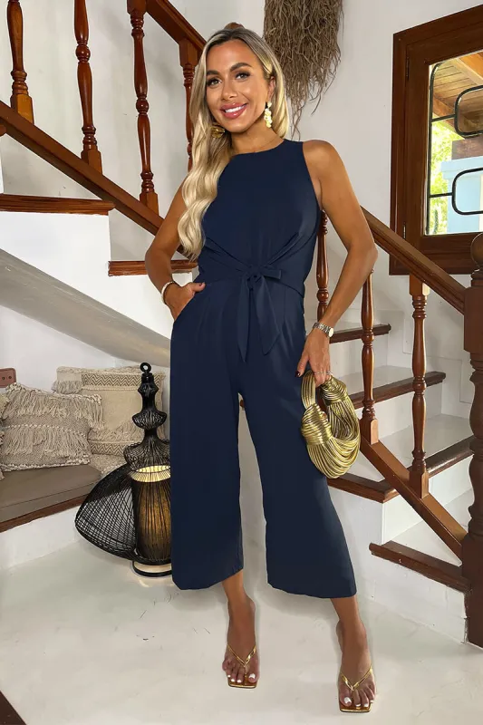 Navy Racer Neck Tie Waist Jumpsuit sold by AX Paris