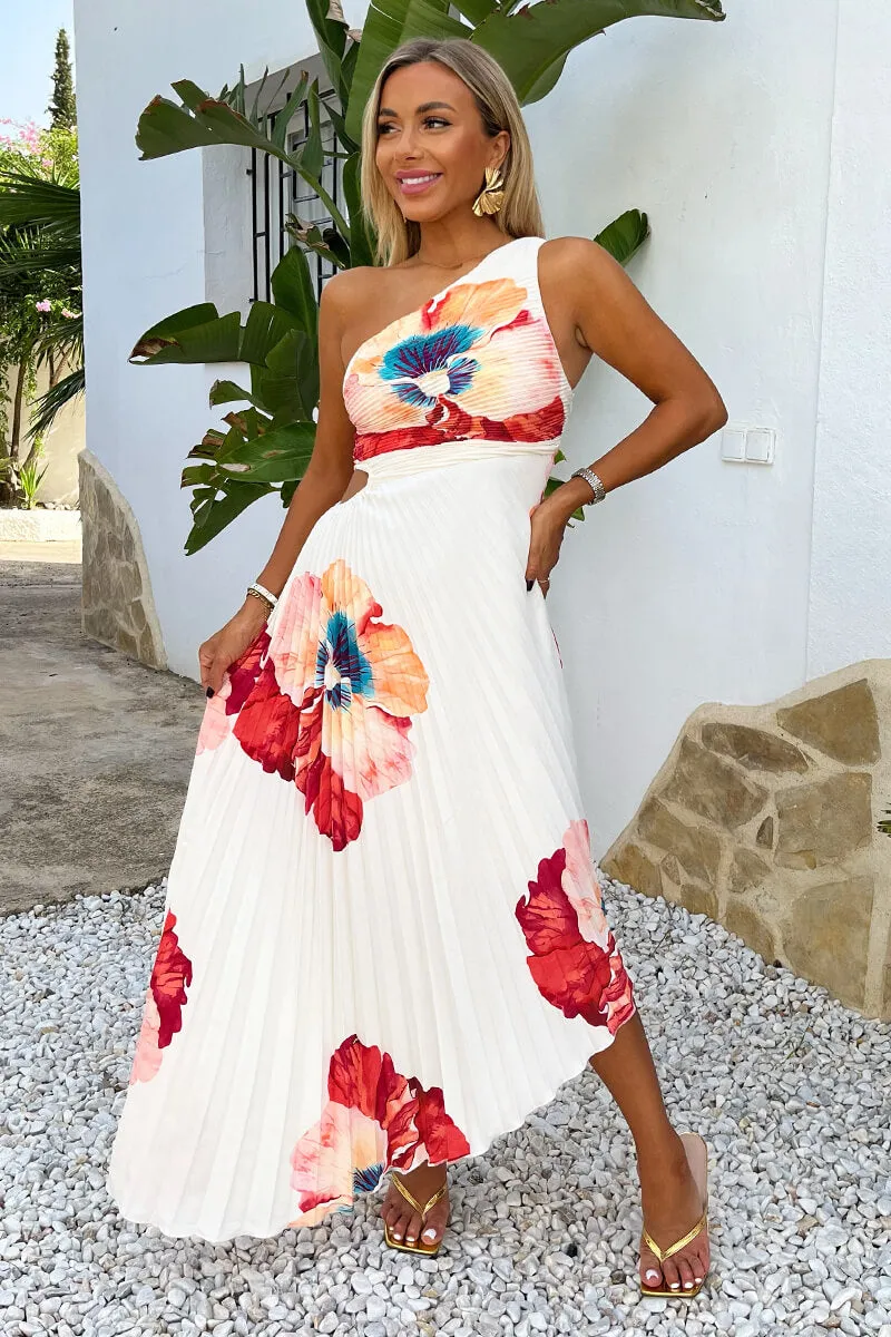 Cream Bold Floral Print One Shoulder Cut Out Pleated Midi Dress sold by AX Paris product image thumbnail 3