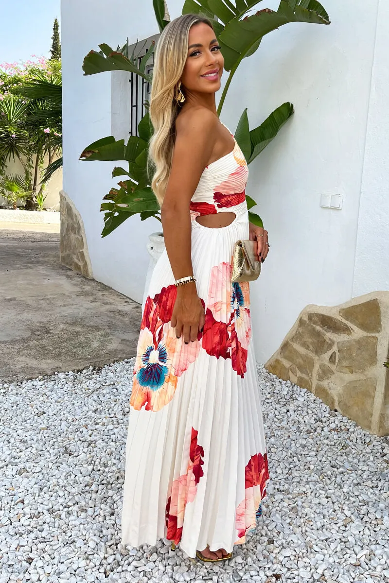 Cream Bold Floral Print One Shoulder Cut Out Pleated Midi Dress sold by AX Paris product image thumbnail 4