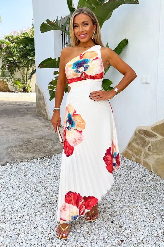 Cream Bold Floral Print One Shoulder Cut Out Pleated Midi Dress sold by AX Paris