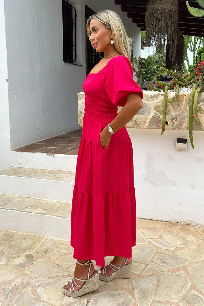 Magenta Puff Sleeve Shirred Waist Smock Midi Dress sold by AX Paris product image thumbnail 4