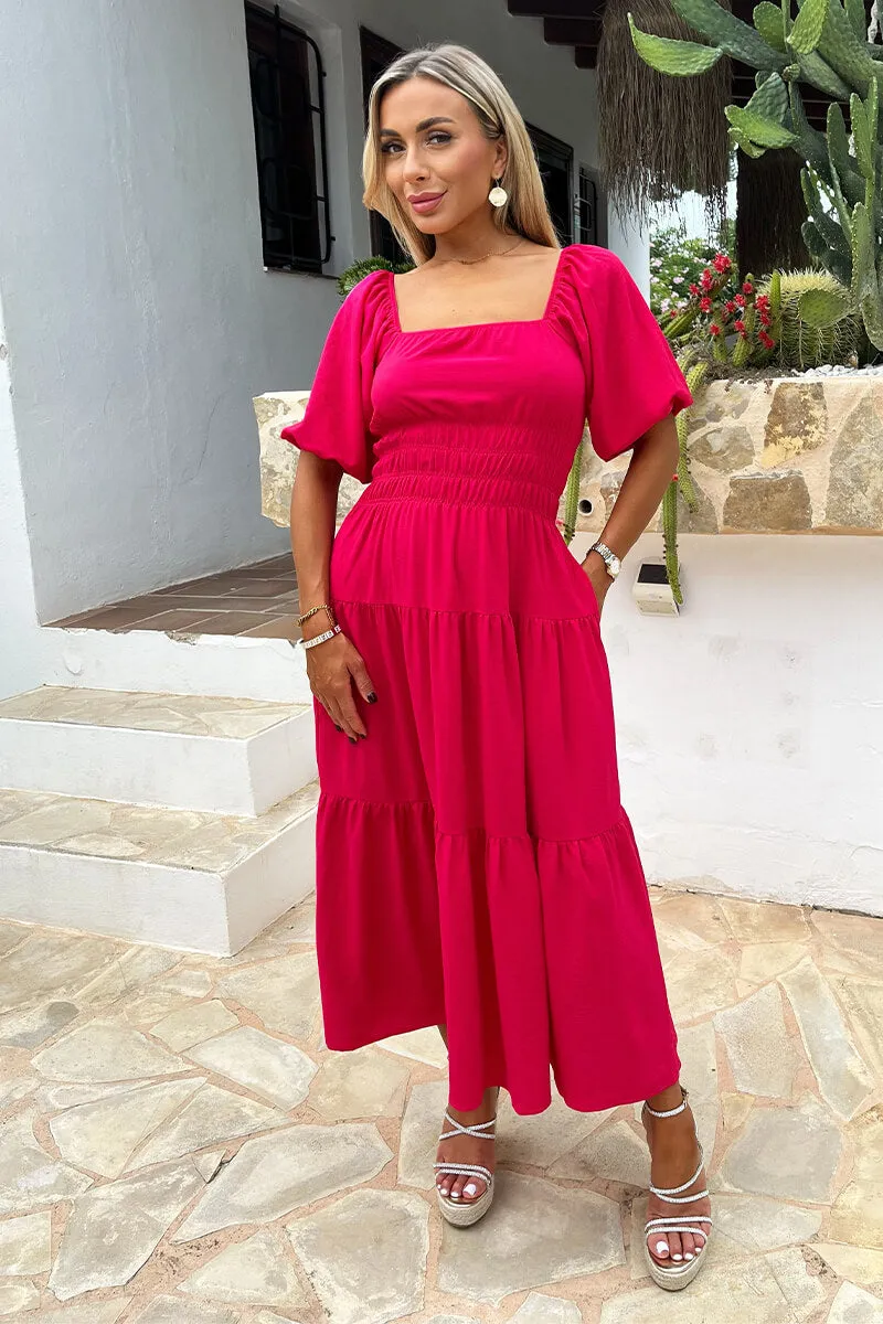 Magenta Puff Sleeve Shirred Waist Smock Midi Dress sold by AX Paris product image thumbnail 3