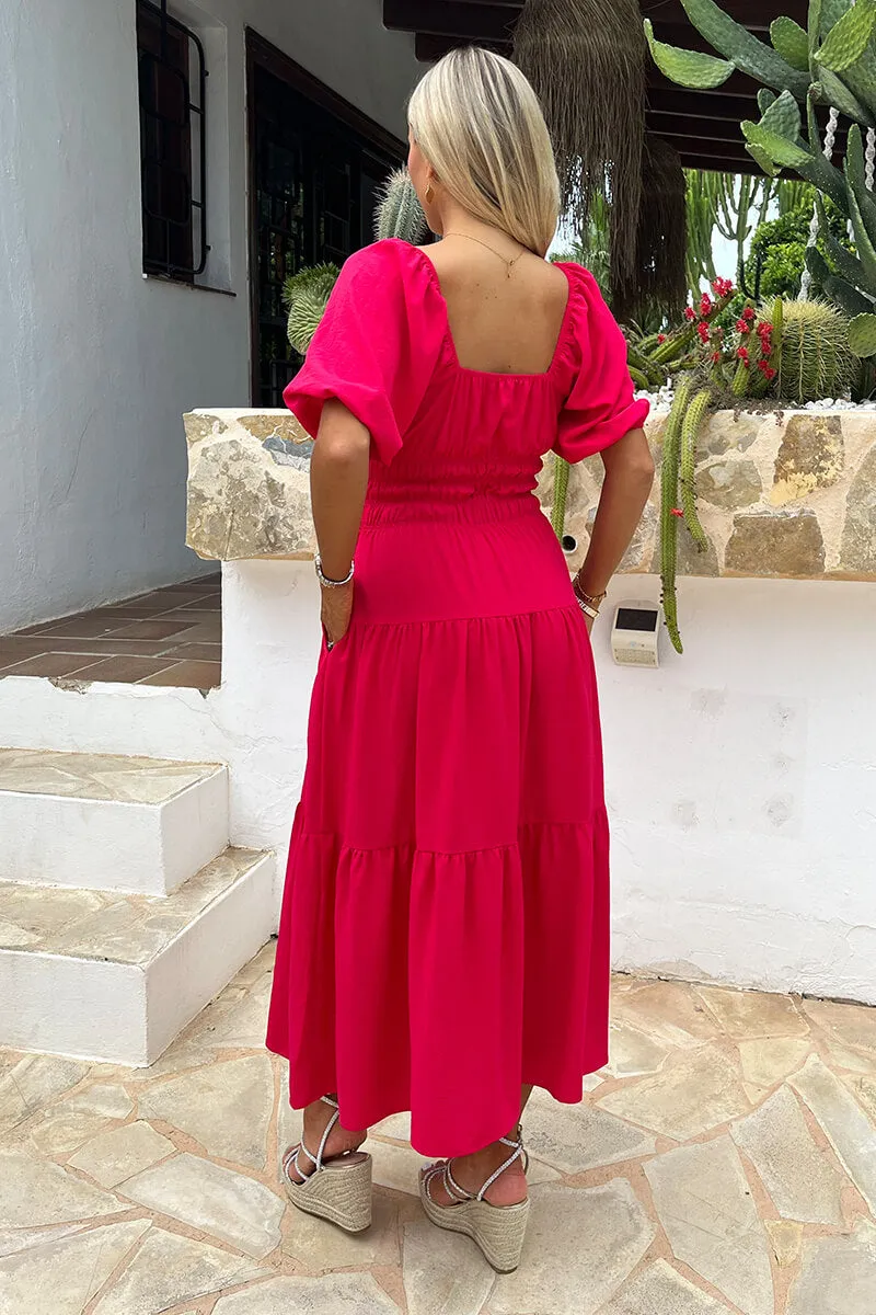 Magenta Puff Sleeve Shirred Waist Smock Midi Dress sold by AX Paris product image thumbnail 5