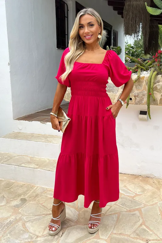 Magenta Puff Sleeve Shirred Waist Smock Midi Dress sold by AX Paris