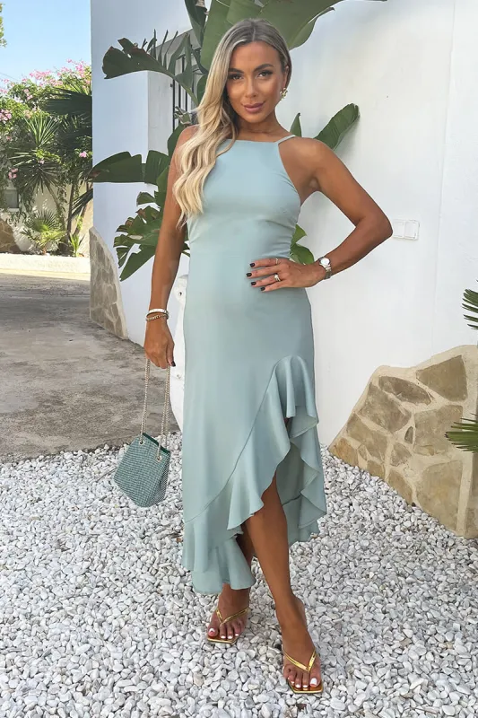 Duck Egg Racer Neck High Low Frill Hem Midi Dress sold by AX Paris