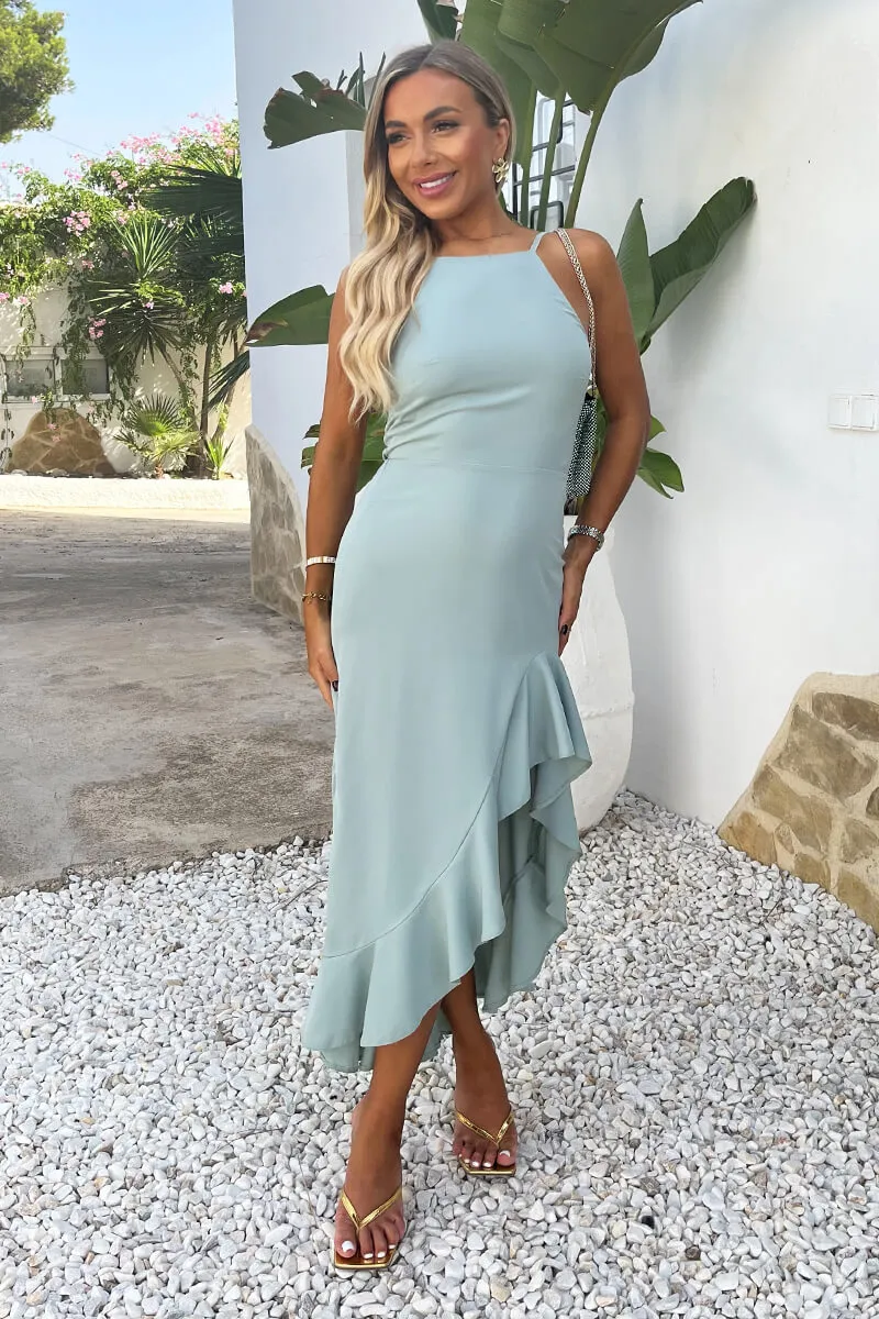 Duck Egg Racer Neck High Low Frill Hem Midi Dress sold by AX Paris product image thumbnail 3