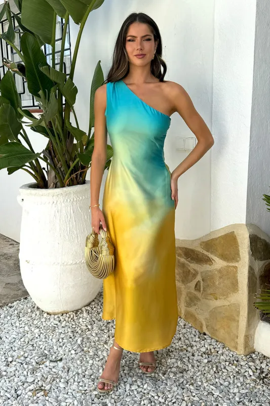 Multi Sunset Ombre One Shoulder Open Back Twist Detail Midi Dress sold by AX Paris
