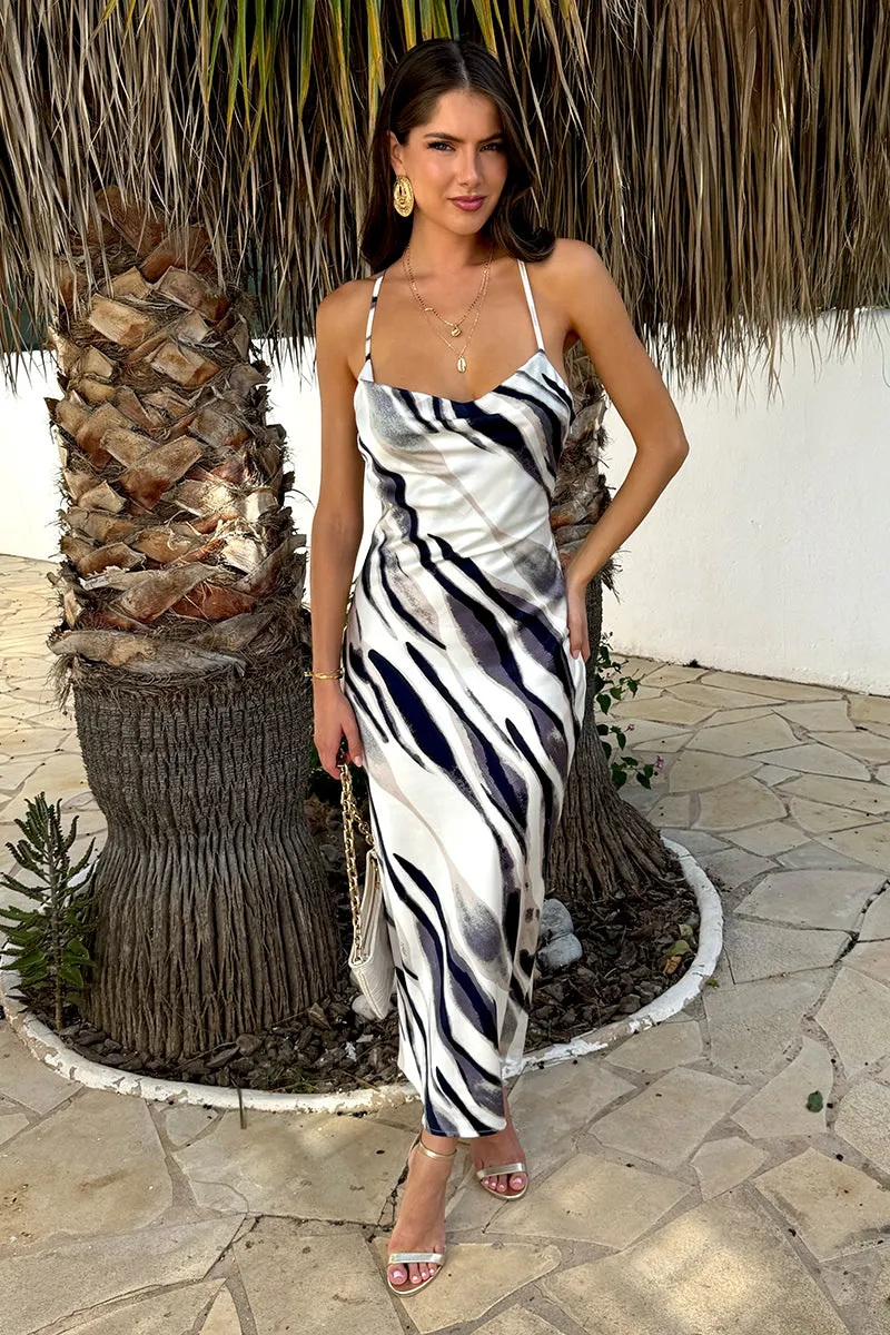 Navy and Cream Stripe Print Strappy Twist Back Slip Midi Dress sold by AX Paris product image thumbnail 3