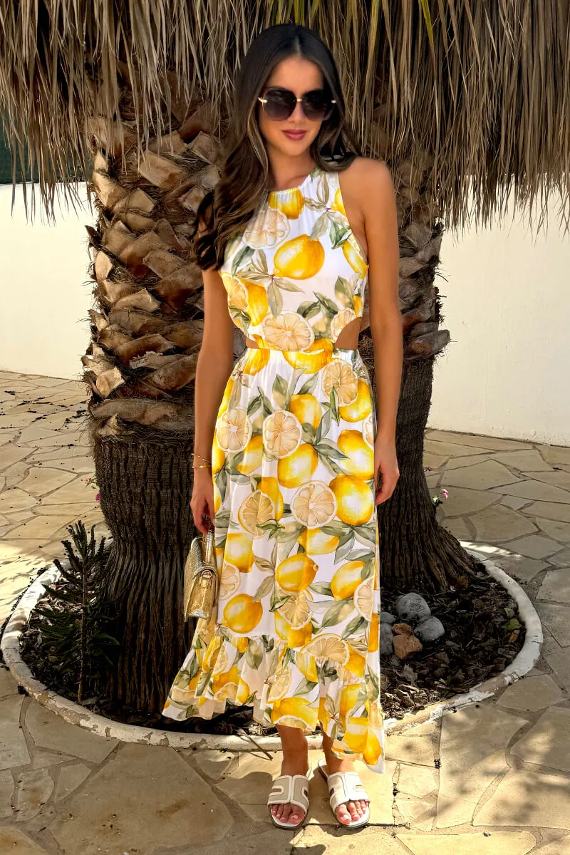 Yellow Lemon Print Waist Cut Out Frill Hem Midi Dress sold by AX Paris product image thumbnail 3