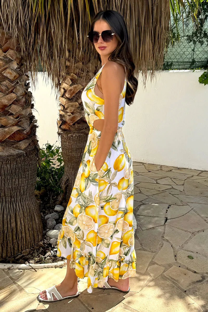 Yellow Lemon Print Waist Cut Out Frill Hem Midi Dress sold by AX Paris product image thumbnail 4