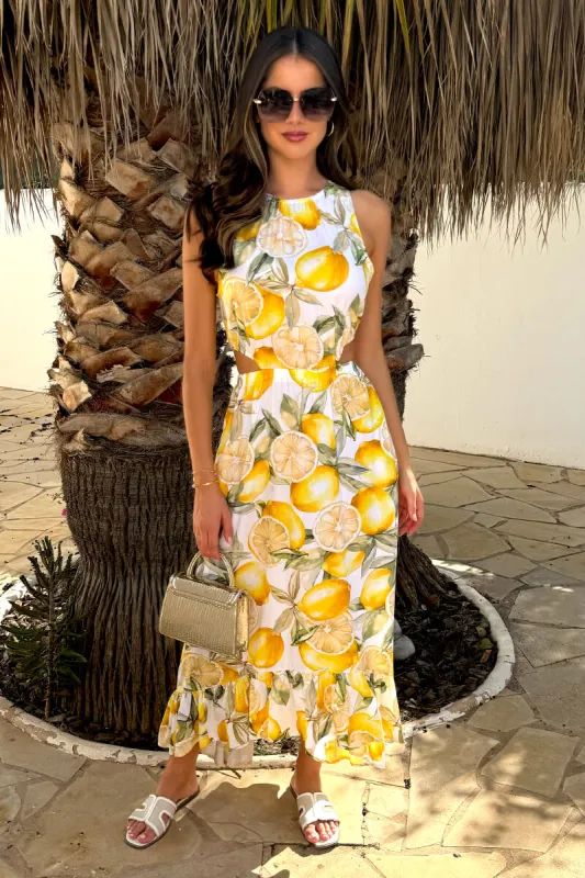 Yellow Lemon Print Waist Cut Out Frill Hem Midi Dress sold by AX Paris