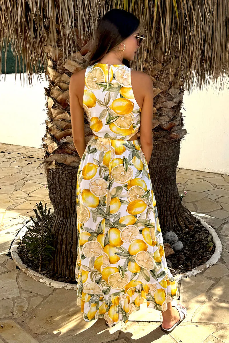 Yellow Lemon Print Waist Cut Out Frill Hem Midi Dress sold by AX Paris product image thumbnail 5