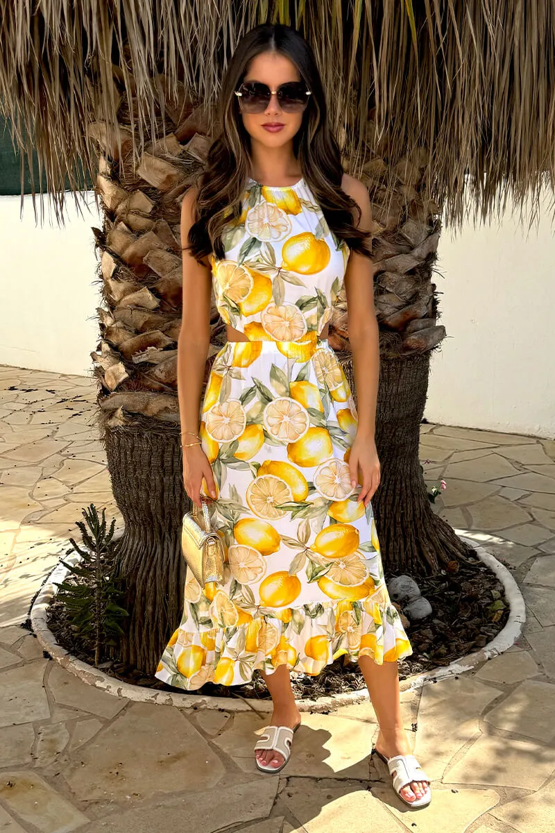 Yellow Lemon Print Waist Cut Out Frill Hem Midi Dress sold by AX Paris product image thumbnail 2