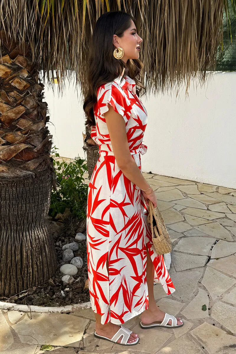 Orange And Cream Tropical Print Tie Waist Shirt Midi Dress sold by AX Paris product image thumbnail 4