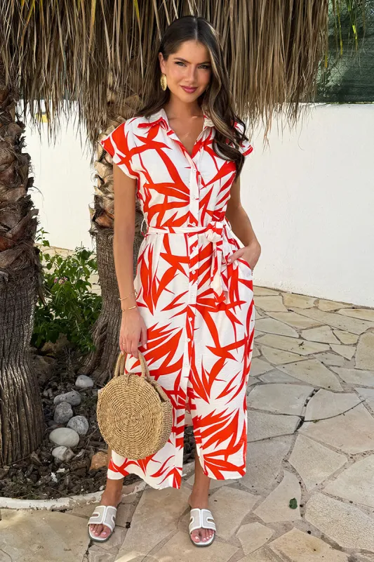 Orange And Cream Tropical Print Tie Waist Shirt Midi Dress sold by AX Paris