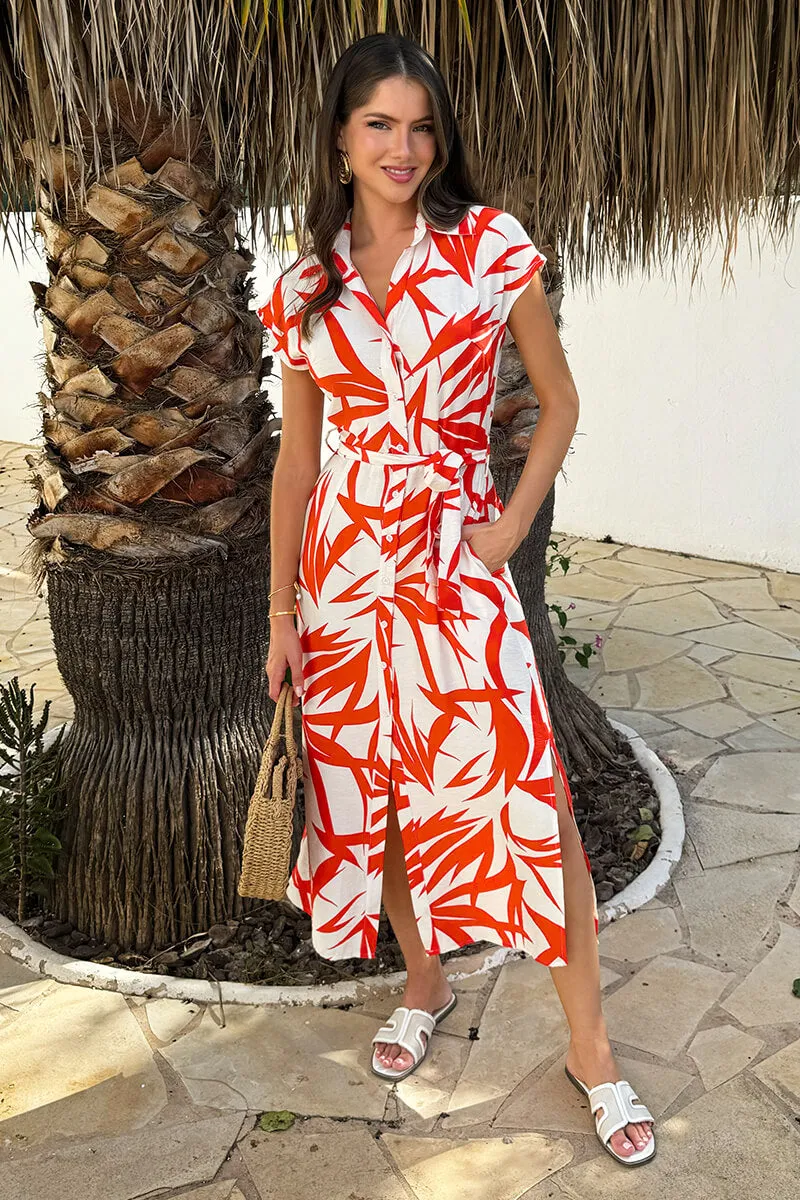 Orange And Cream Tropical Print Tie Waist Shirt Midi Dress sold by AX Paris product image thumbnail 2