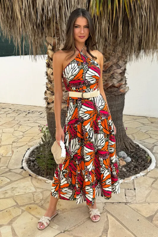 Multi Butterfly Print Halterneck Straw Belt Tiered Midi Dress sold by AX Paris