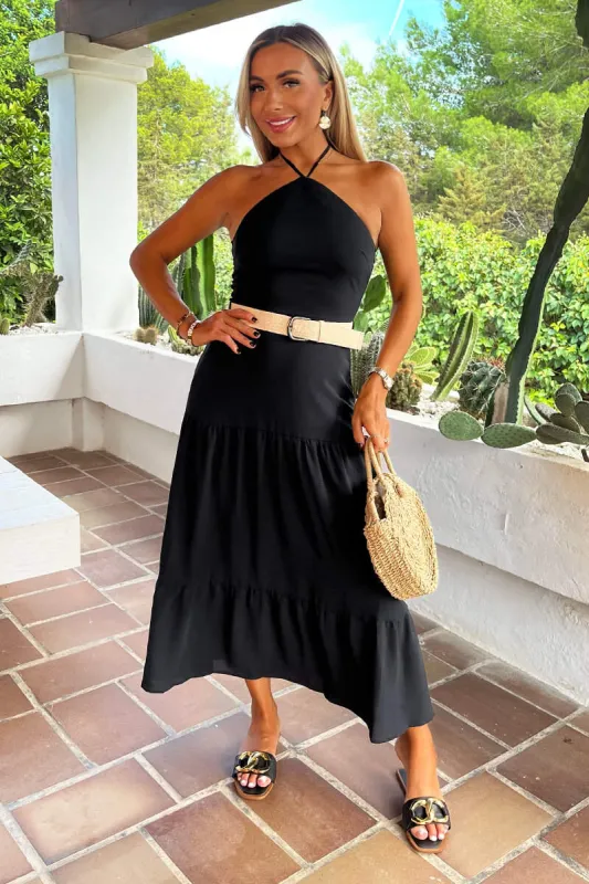 Black Halterneck Straw Belt Tiered Midi Dress sold by AX Paris