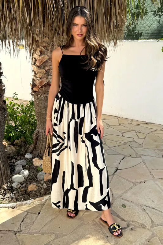 Black And Cream Abstract Print 2 in 1 Ruched Side Tie Straps Midi Dress sold by AX Paris
