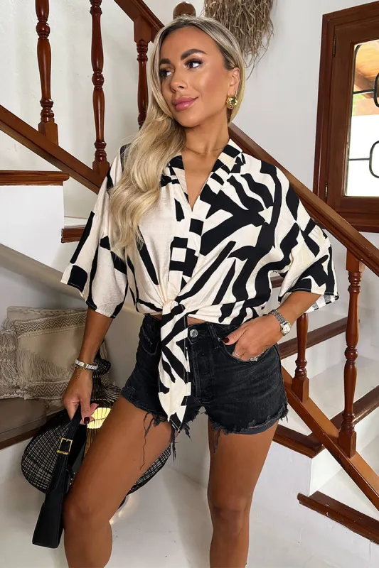 Cream And Black Abstract Print Button Front Tie Waist Top sold by AX Paris