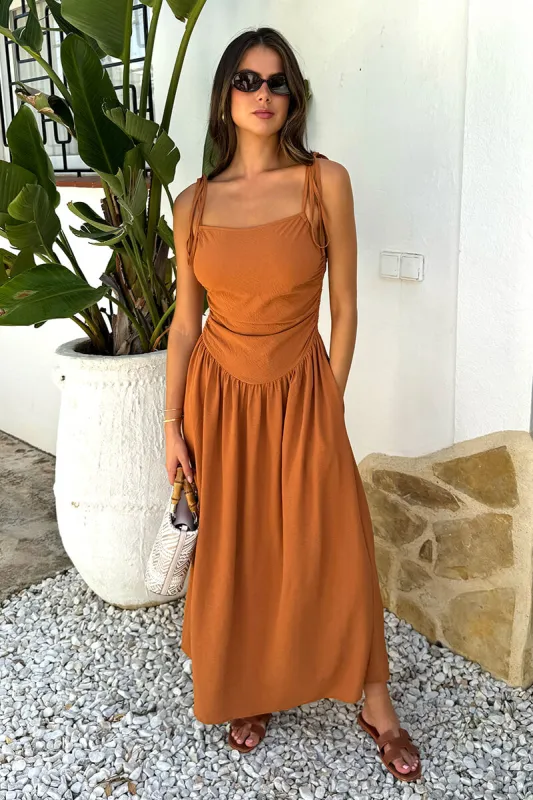 Rust Drawstring Tie Straps Ruched Top Midi Dress sold by AX Paris