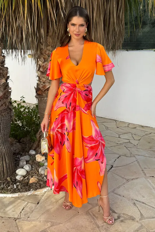 Orange And Pink Floral Print V Neck Cut Out Knot Detail Midi Dress sold by AX Paris