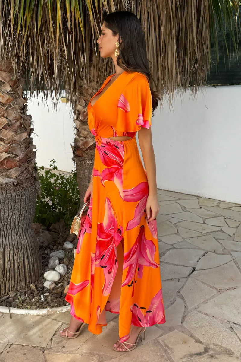 Orange And Pink Floral Print V Neck Cut Out Knot Detail Midi Dress sold by AX Paris product image thumbnail 4