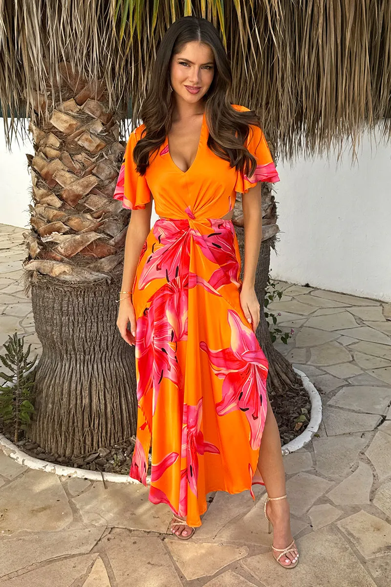 Orange And Pink Floral Print V Neck Cut Out Knot Detail Midi Dress sold by AX Paris product image thumbnail 2