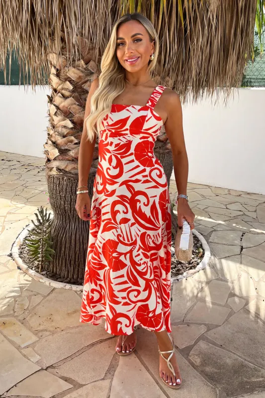 Orange And White Tropical Print Shirred Straps Button Detail Midi Dress sold by AX Paris