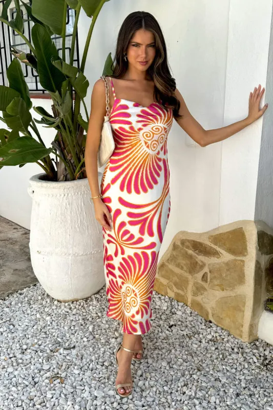 Pink And White Abstract Print Strappy Cowl Neck Slip Midi Dress sold by AX Paris