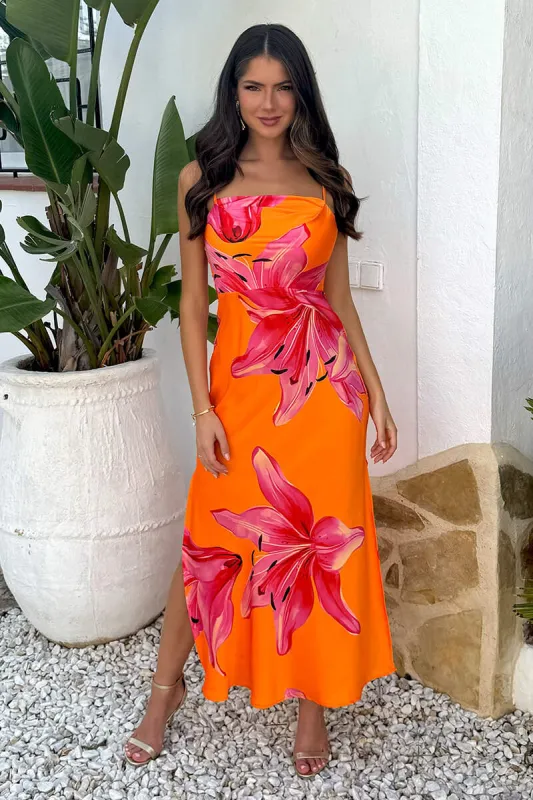 Orange And Pink Floral Print Strappy Slip Midi Dress sold by AX Paris
