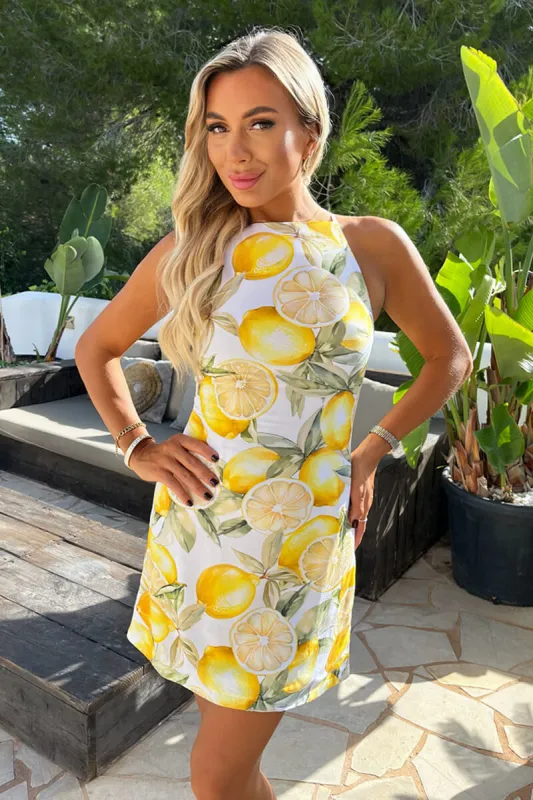 Yellow Lemon Print Racer Neck Slip Mini Dress sold by AX Paris
