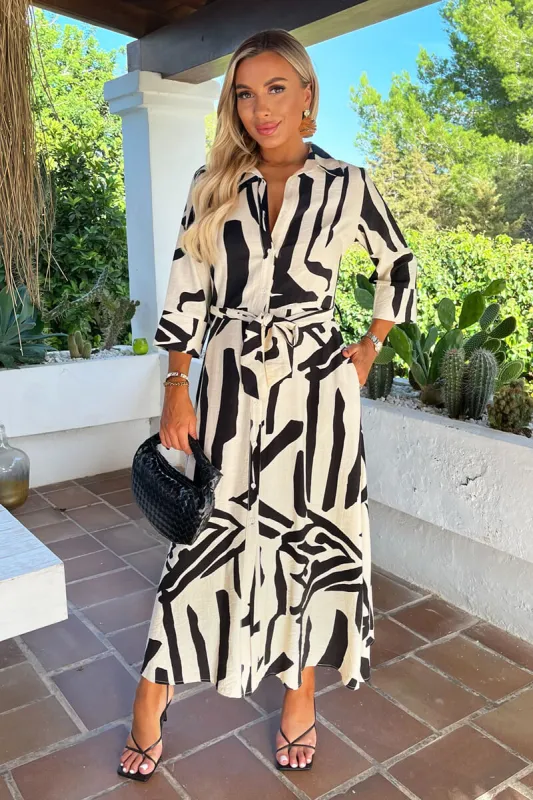 Black And Cream Abstract Print 3/4 Sleeve Shirt Midi Dress sold by AX Paris