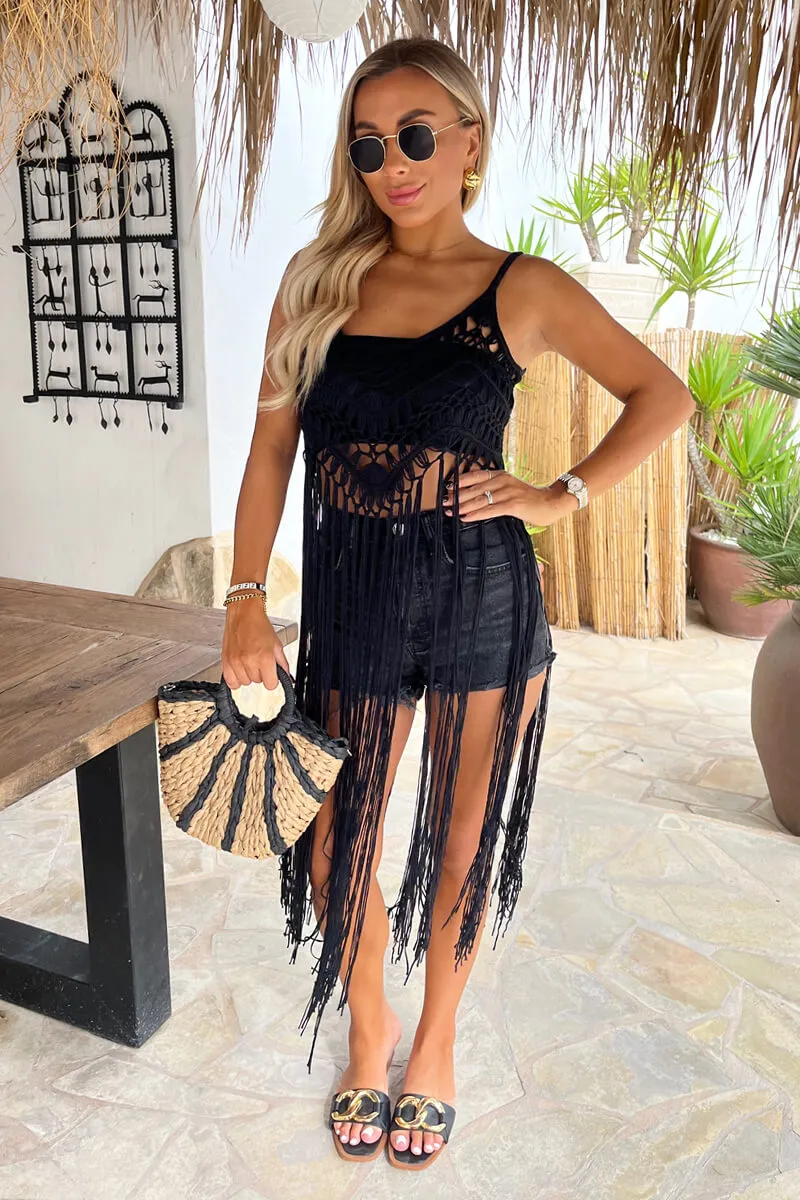 Black Open Knit Crochet Fringe Hem Crop Top sold by AX Paris product image thumbnail 2