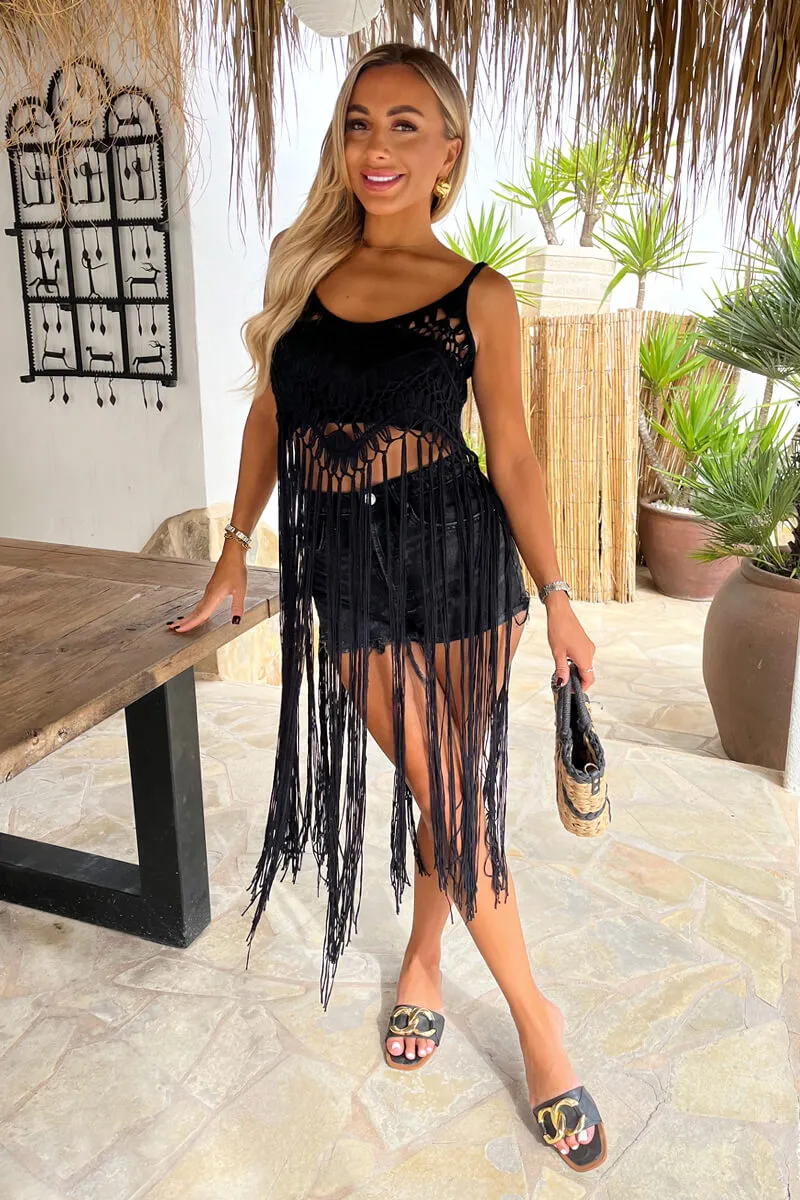 Black Open Knit Crochet Fringe Hem Crop Top sold by AX Paris product image thumbnail 3