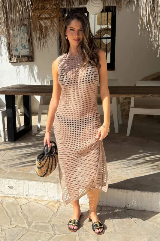 Mocha Open Stitch Crochet Midi Dress sold by AX Paris
