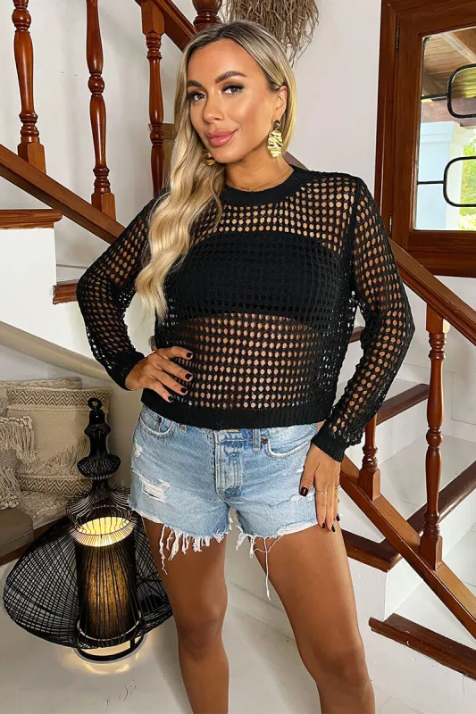 Black Open Stitch Crochet Long Sleeve Top sold by AX Paris