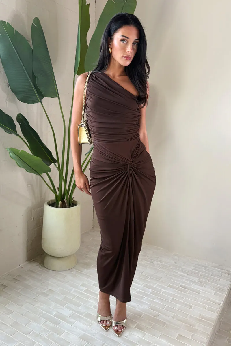 Chocolate One Shoulder Knot Skirt Midi Dress sold by AX Paris product image thumbnail 2