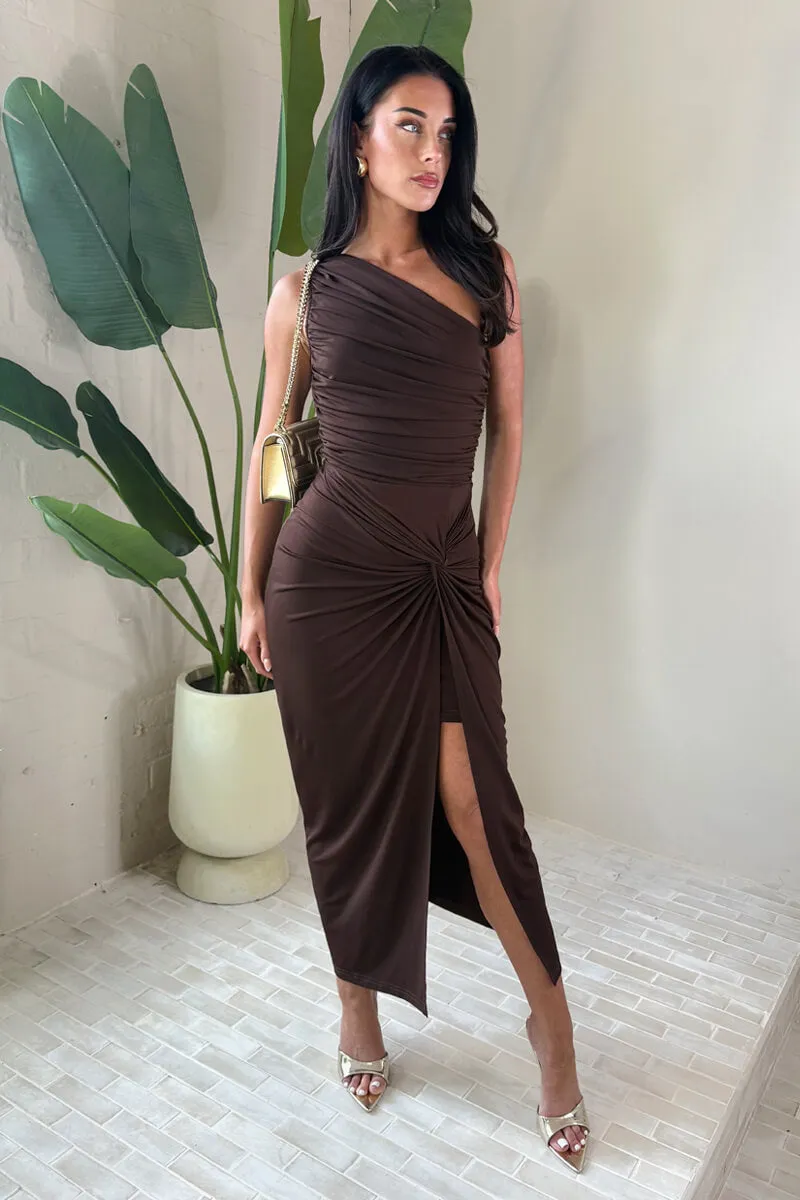 Chocolate One Shoulder Knot Skirt Midi Dress sold by AX Paris product image thumbnail 3