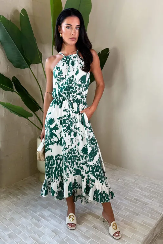 Multi Printed Frill Hem High Neck Midi Dress sold by AX Paris